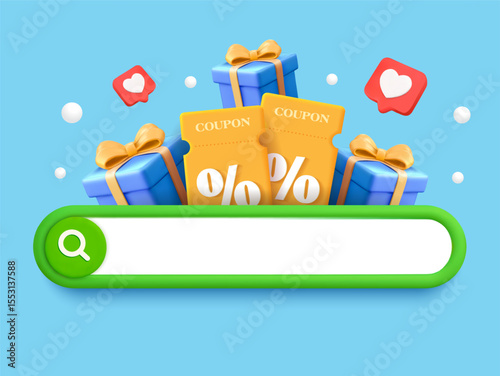 3d coupon and gift search banner template with search bar, gift boxes, coupons and heart textbox icons, isolated on background. Discount search concept in 3d vector. Vector illustration