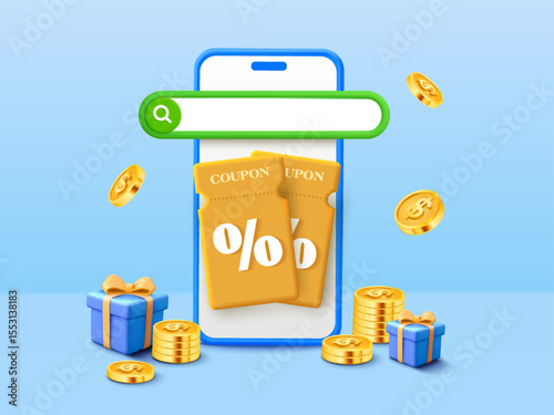 3d gift voucher search banner template with search bar on a phone with coupon, gift boxes and golden coins flying around. Vector illustration