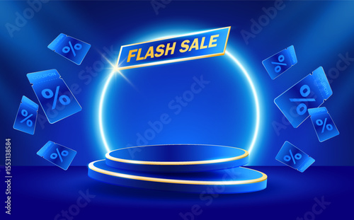 3d Flash sale banner template with unlimited coupons flying around a stage or podium, isolated on background. 3d discount banner in vector illustration. Vector illustration