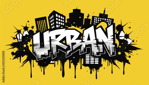 Urban graffiti art with city skyline silhouette on a yellow background
