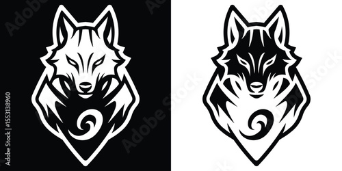 Black and white symmetrical wolf logo in bold tribal with fierce minimalist appearance