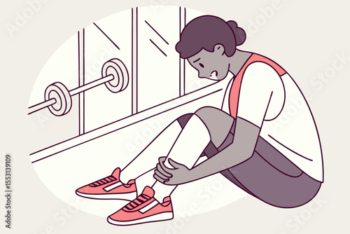 Young athlete experiencing pain while sitting on the gym floor, muscular man with leg discomfort after exercise