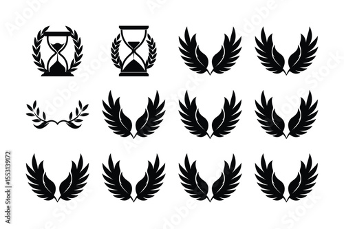 Elegant gold laurel wreath set with wing and leaf vector design for award and decoration