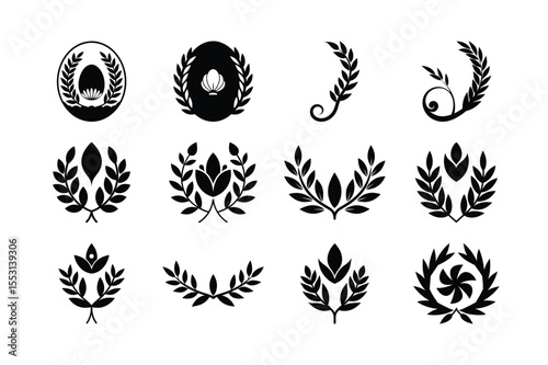 Laurel wreaths vector set with floral decoration, vintage leaves, and tribal elements for tattoo design illustration