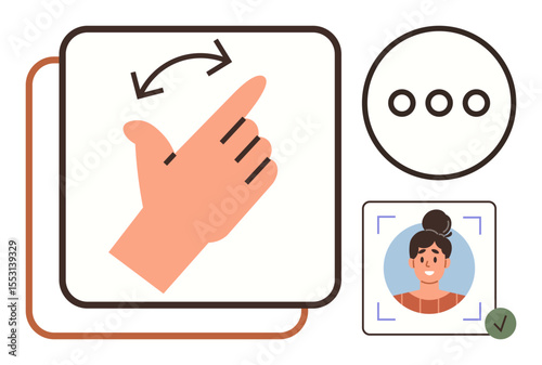 Hand swiping gesture for control, menu dots for settings, profile picture with verification checkmark. Ideal for navigation, identity, technology, interface, usability, instruction simple flat