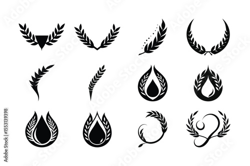 A vector icon set illustrating black and white leaves with a fiery red accent, perfect for nature-inspired design