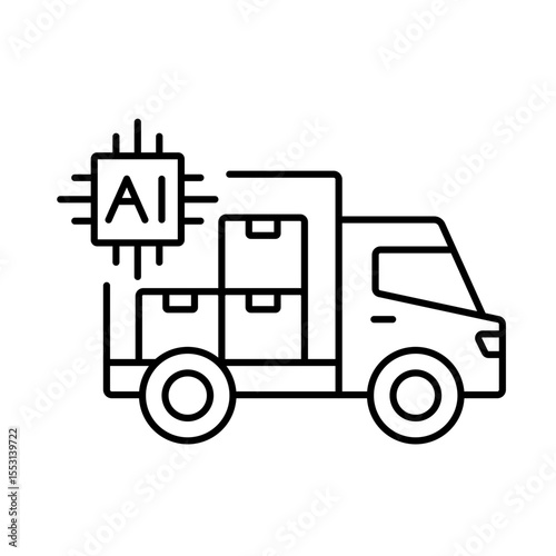 A vector icon of a delivery truck loaded with boxes and an AI chip, representing optimized cargo transport with artificial intelligence, created in line style with editable stroke
