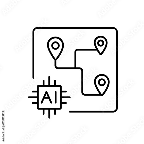 A vector icon of a delivery route with multiple destinations and AI chip, representing multi-address delivery using artificial intelligence, created in line style with editable stroke