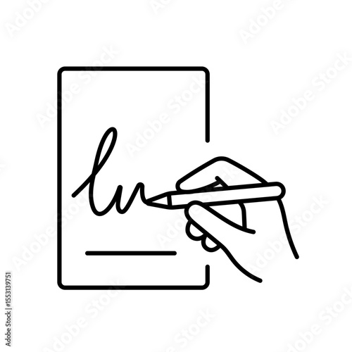 A vector icon of a hand signing on a tablet, representing digital signature and delivery confirmation, created in line style with editable stroke