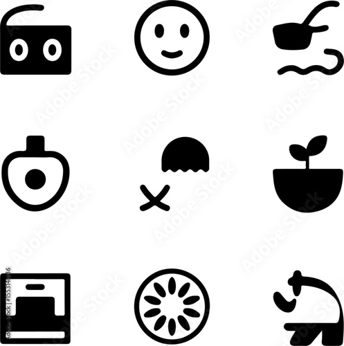 Black and white icon set including radio smiley face ladle perfume sprout scales and person icons
