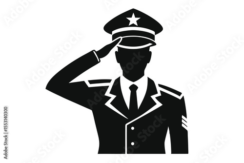 Silhouette shows soldier in dress uniform saluting with star on his cap