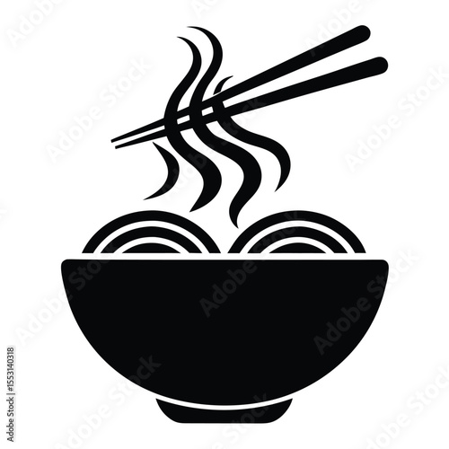 Steaming noodles in a bowl with chopsticks appear inviting in this simple black icon