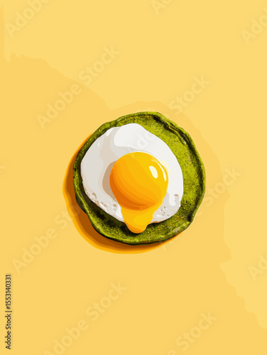 Avocado toast with fried egg and runny yolk on yellow background  