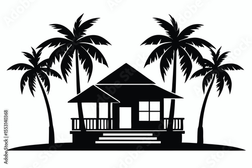 Silhouette of a tropical beach house surrounded by palm trees presents a tranquil scene