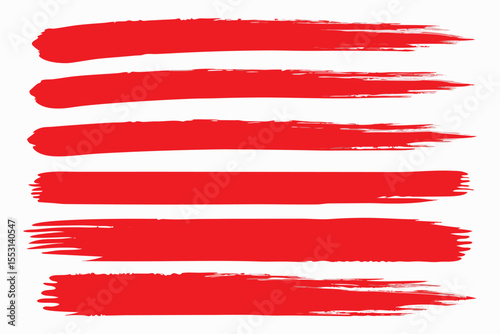 Seven textured brushstrokes in varying widths are painted with vibrant red color on white