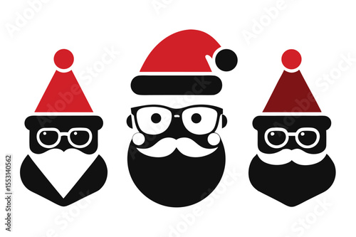 Santa Claus avatars with spectacles and white mustaches wearing red Christmas hats on white