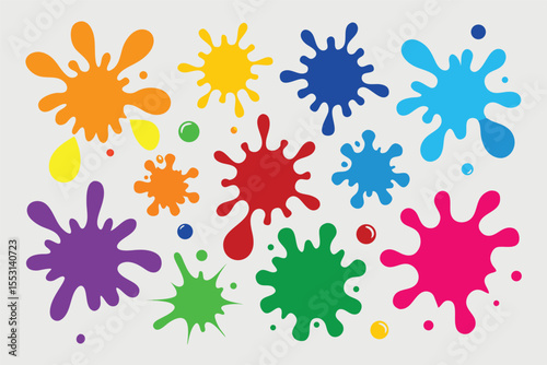 Bright paint splatters of diverse colors are scattered randomly against a clean white backdrop