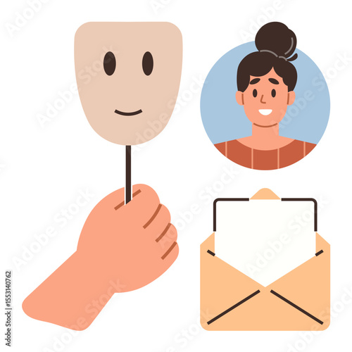 Mask held in hand, smiling woman portrait, open envelope with letter. Ideal for privacy, identity, communication, transparency, social networking mail anonymity. Simple flat metaphor