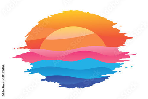 Abstract brushstroke sunset displays warm sun over pink and blue ocean waves on white