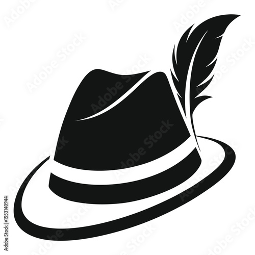 A feathered black Tyrolean hat with white band sits against a plain background