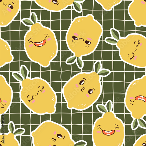 Cute kawaii lemons fruits character seamless pattern. Cozy childish background texture tor textile