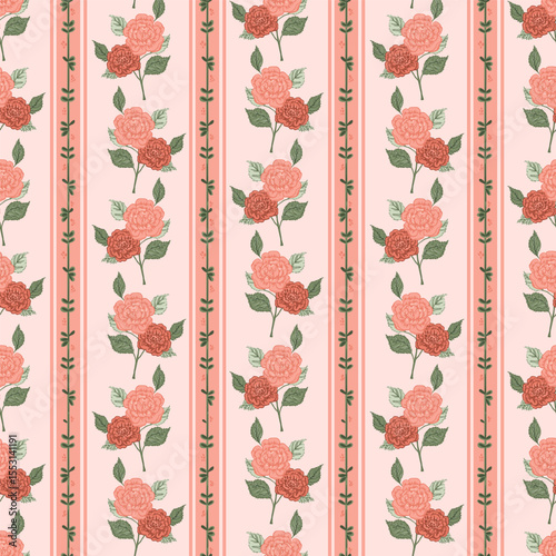rose vines vertical stripes summer seamless pattern. Floral retro botany texture for textile, wrap