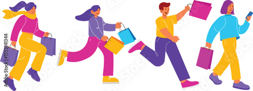 People running for sale, flat illustration of a shopping concept