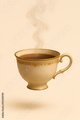 Vintage Cream Ceramic Teacup with Gold Floral Trim – Elegant Steam Rising from Hot Drink on Beige Background, Classic Minimalist Tea Moment in Warm Tones