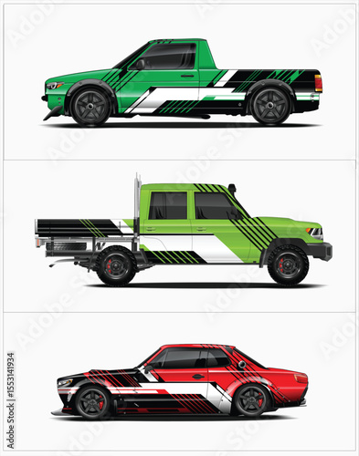 Three Concept Vehicles Showcasing Modern Livery Designs on Truck and Car Bodies
