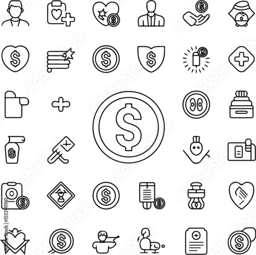 Black and white line art icons of various concepts including money health care and business symbols collection