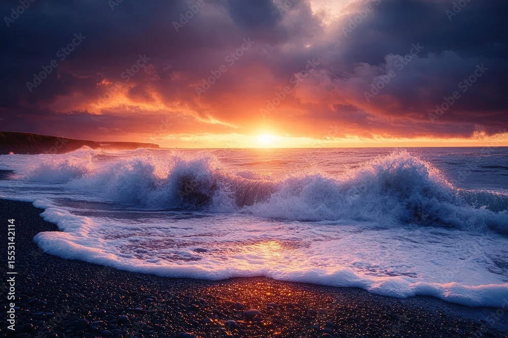 Fototapeta premium Powerful ocean waves crashing onto a rocky shore during a vibrant sunset under dramatic cloudy sky