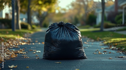 Large black garbage bag tied at the top sitting alone on a suburban street surrounded by fallen autumn leaves under soft daylight