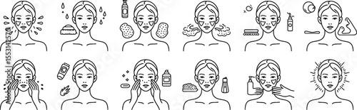 Skincare and Facial Care Icons Featuring Treatments and Facial Products