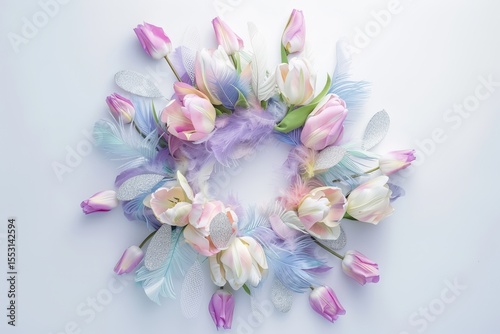 Stunning wreath featuring an array of tulips and soft feathers, perfect for celebrating Easter and enhancing home decoration