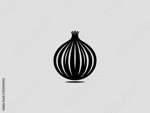 Elegant black onion silhouette vector logo with botanical line art details 