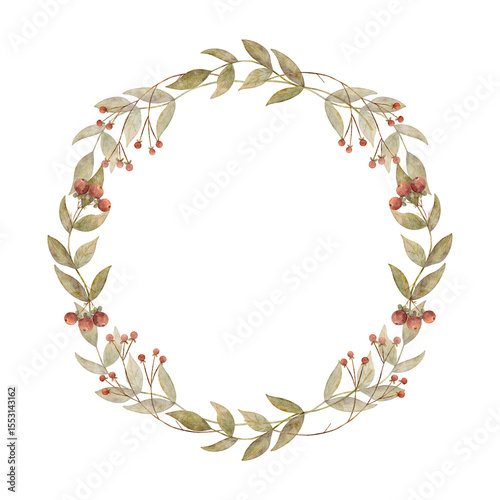 Wreath watercolor illustration green branches leaves, red berries lingonberries. Template autumn holiday harvest hand drawn pastel color on isolated background for design packaging labels cards dishes