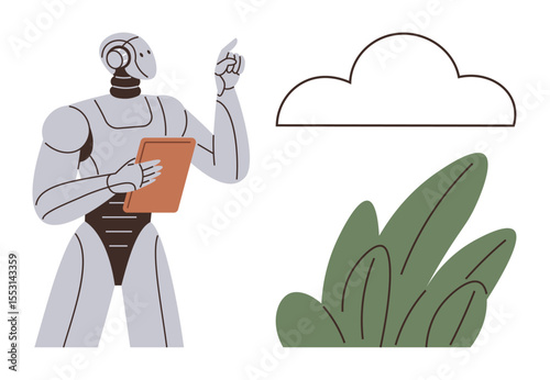Humanoid robot with tablet gestures at abstract cloud symbol alongside leafy plant. Ideal for artificial intelligence, innovation, technology, robotics, data storage, environment, futuristic