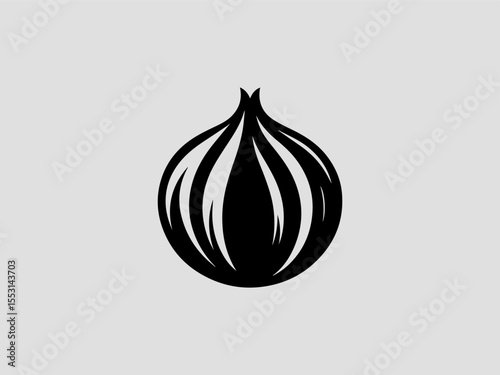 Minimalist black silhouette onion vector logo for organic grocery or farm produce