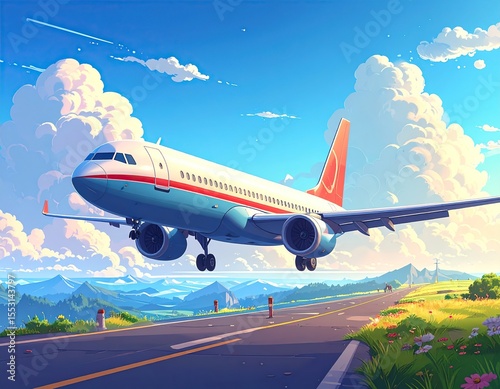 Airplane Landing with Scenic Mountain View, and Travel.