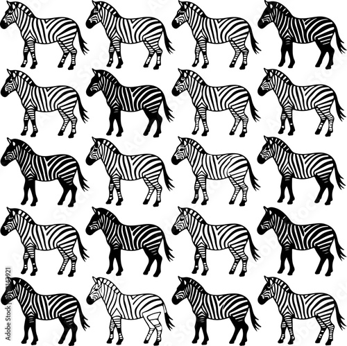 Black and white vector illustration of zebras in a repeating pattern on a white background animal animals