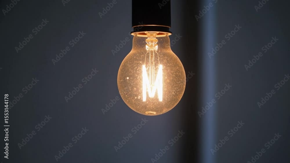 Illuminated Edison-style bulb with an 'M' filament, hanging against a dark wall.