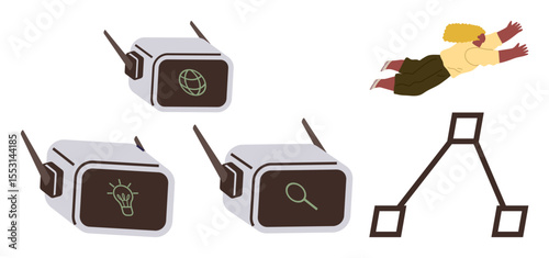 VR headsets with icons for globe, bulb, and magnifier alongside flying person and branching connection. Ideal for technology, creativity, exploration, innovation, brainstorming, networking