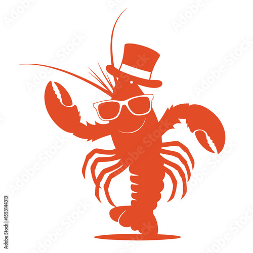 Stylish lobster character design wearing sunglasses and top hat in retro cartoon illustration