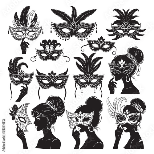 Elegant silhouette masks and women set for venetian masquerade party or carnival celebrations