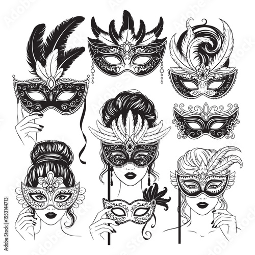 Set of venetian carnival masks with feathers and woman faces elegant black and white design