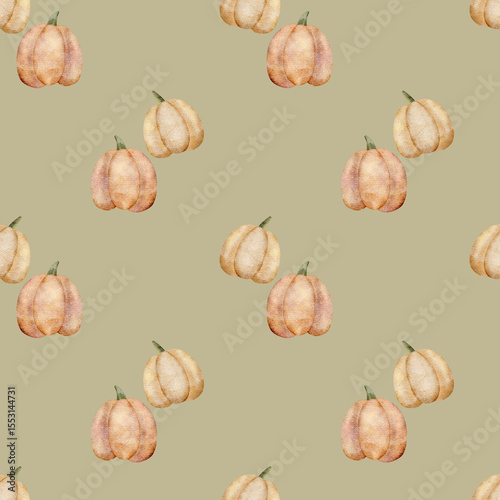 Pattern cute pumpkins orange. Watercolor illustration autumn harvest vegetables hand drawn in childish style Seamless print on pastel green background for textiles fabrics wallpapers packaging clothes