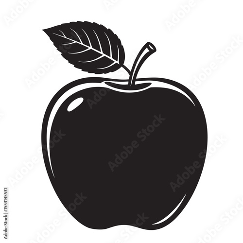 A beautifully illustrated vintage art silhouette depiction of a crisp and delicious apple fruit featuring a leaf and stem