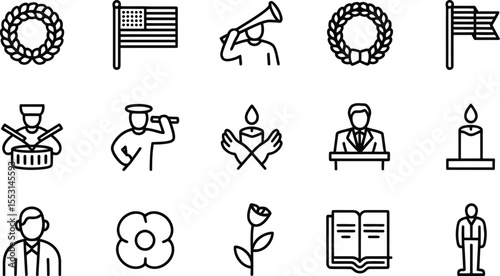 Memorial and Patriotic Icons Featuring Flag, Soldier, Candle, and Statue