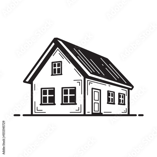 A charming black and white vintage art silhouette illustration depicting a simple house with windows and a pitched roof.
