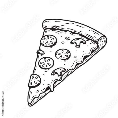 A delicious slice of pizza with tomato and mushroom toppings in a vintage art silhouette style on a white background